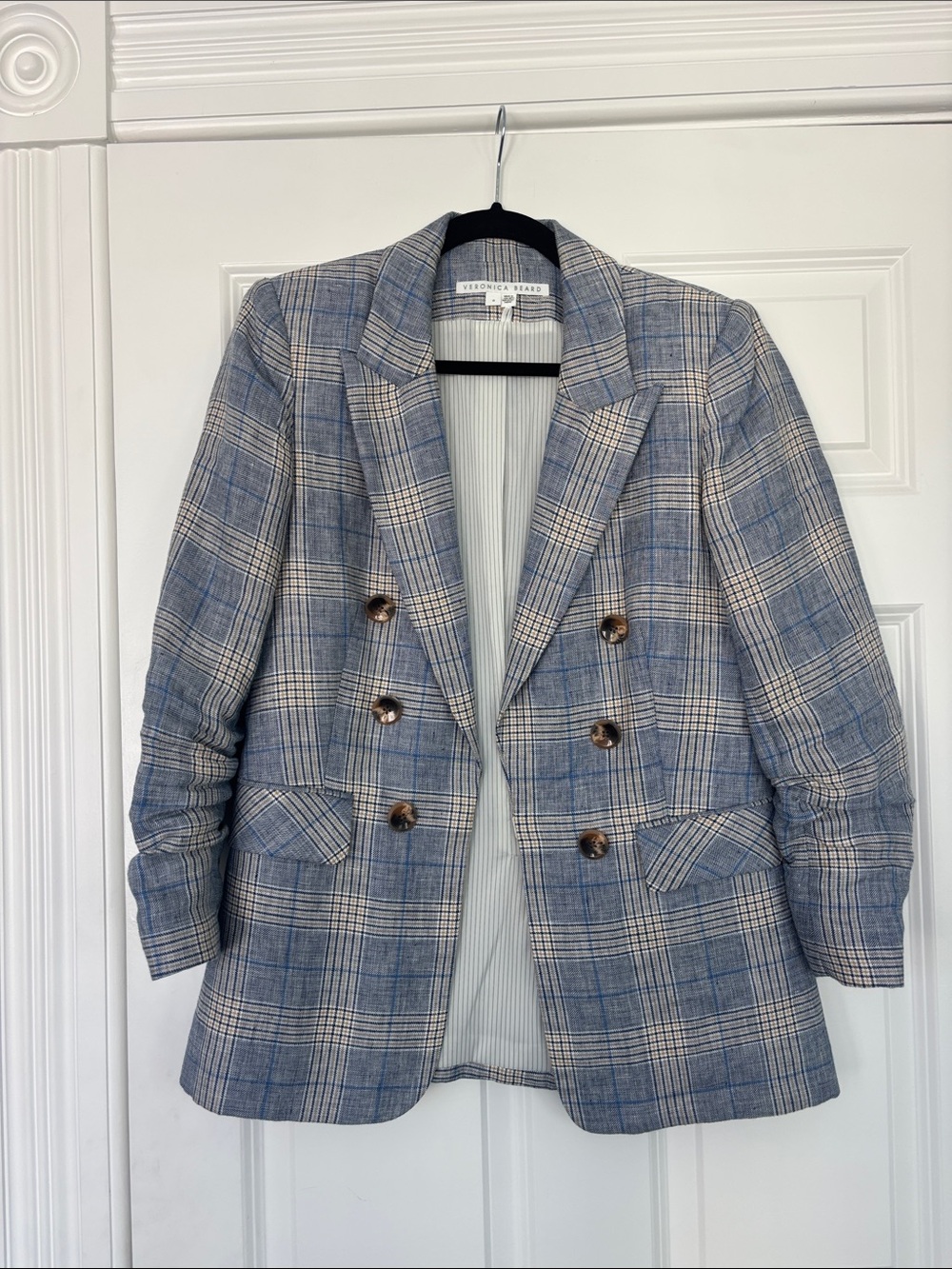 Veronica Beard Blue and Cream Plaid Double-Breasted Blazer